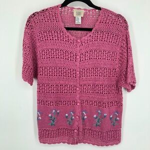 Vintage Teddi Womens Cardigan Size XL Open Knit Crochet‎ Cottagecore Floral Pink